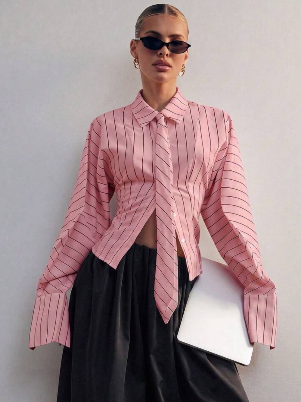 Hauture Fashionable Elegant Commute Classic Striped Lapel Long Sleeve Tie Blouse